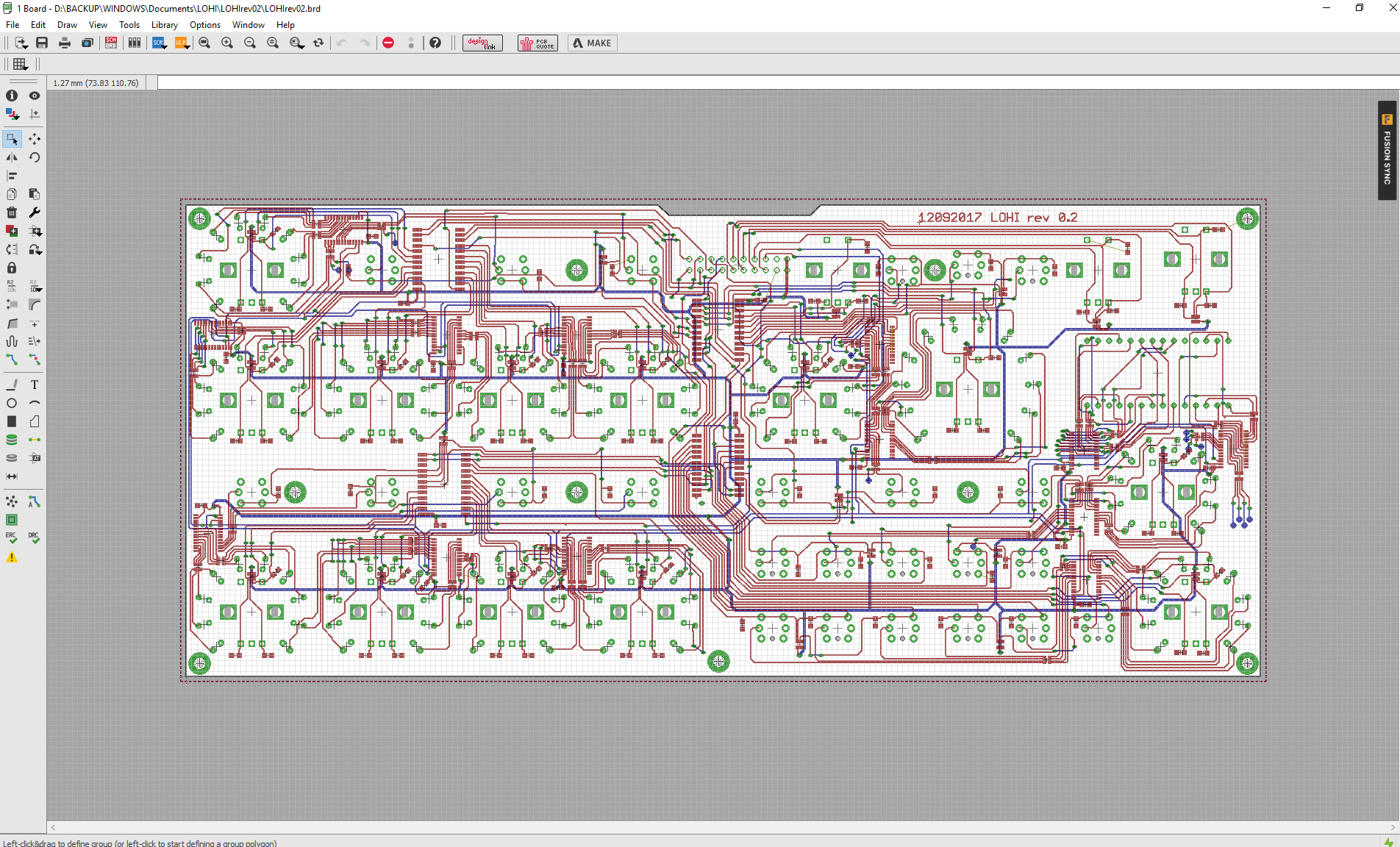 Eagle PCB layout for LOHI Bassline Junkie showing routing