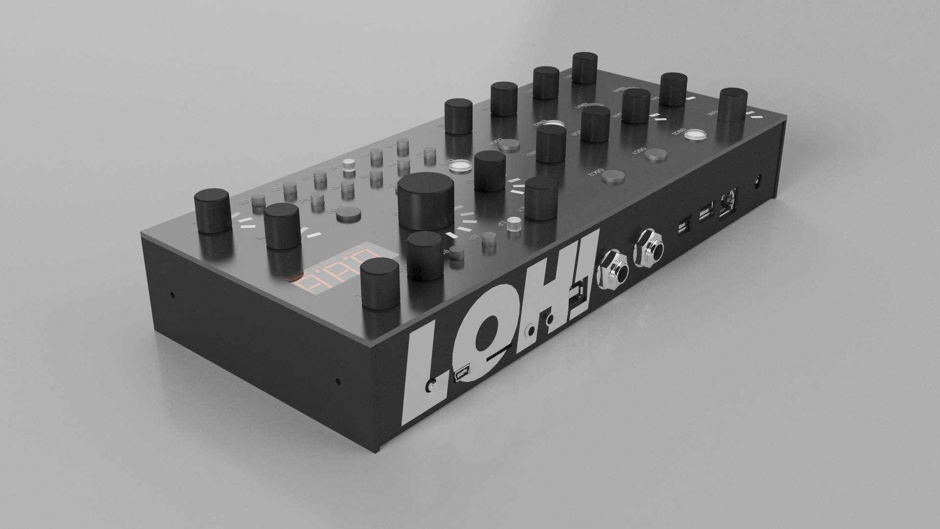 Bassline Junkie — rear view showing LOHI branding, USB and MIDI connectors