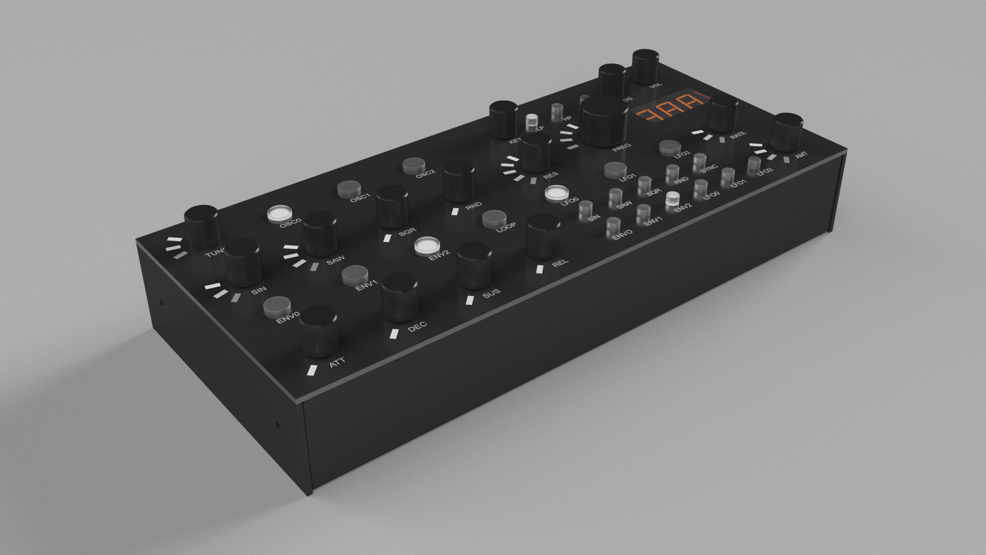Bassline Junkie — isometric view from top-left showing knobs and display