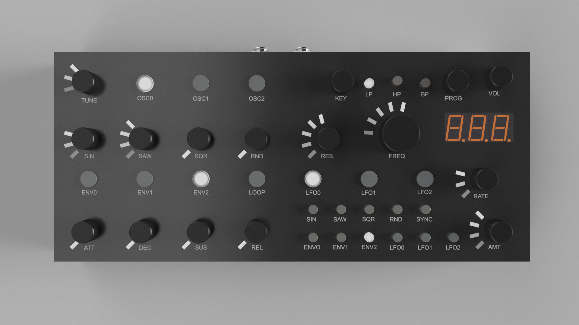 LOHI Bassline Junkie synthesizer — front panel view showing oscillator controls, filter section, LFO, envelope generators, and LED display